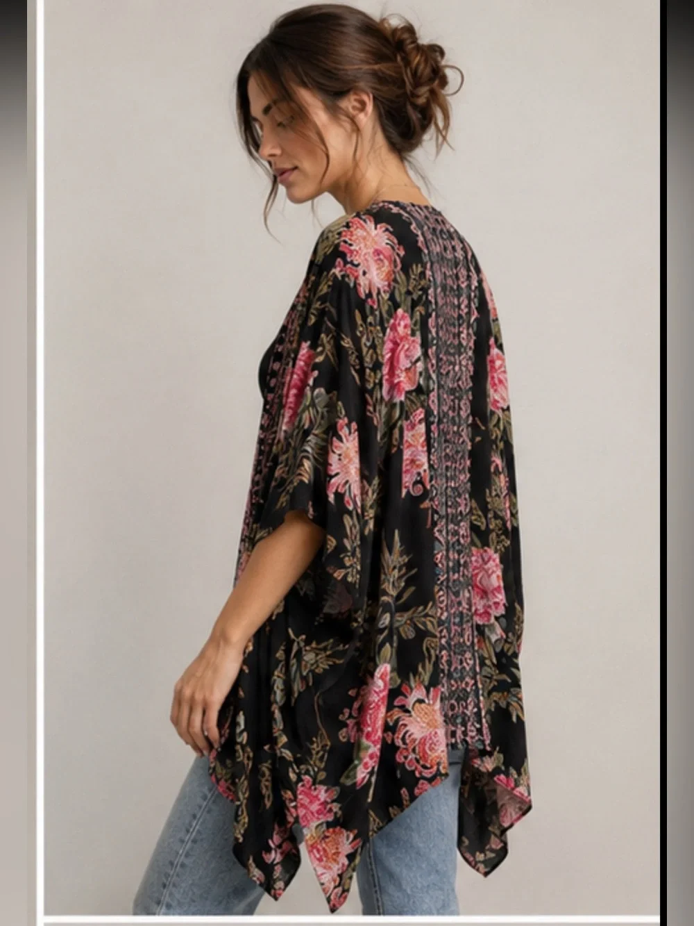 Angie Kimono Womens 2X Black Pink Floral Rayon Boho Open Front Cover Up - Picture 3 of 7